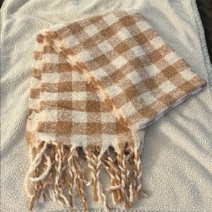 Brown and off White Checkered Fringe oversized Scarf